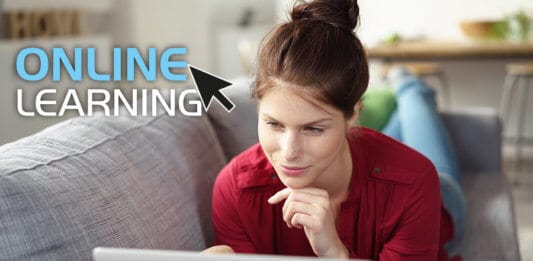 Woman studying an online course at home